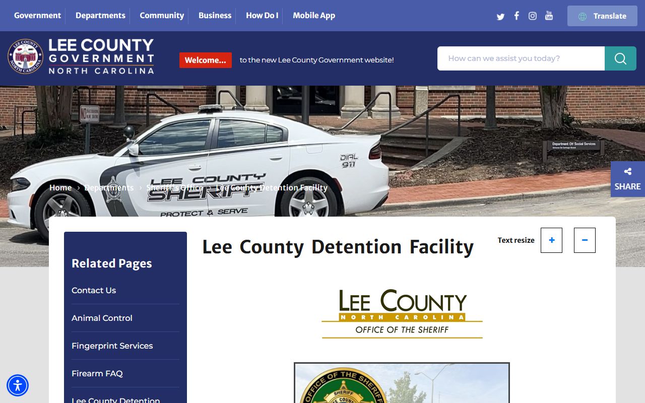 Official Lee County Detention Facility jail page with inmate search, mail, visit, deposit, and release information