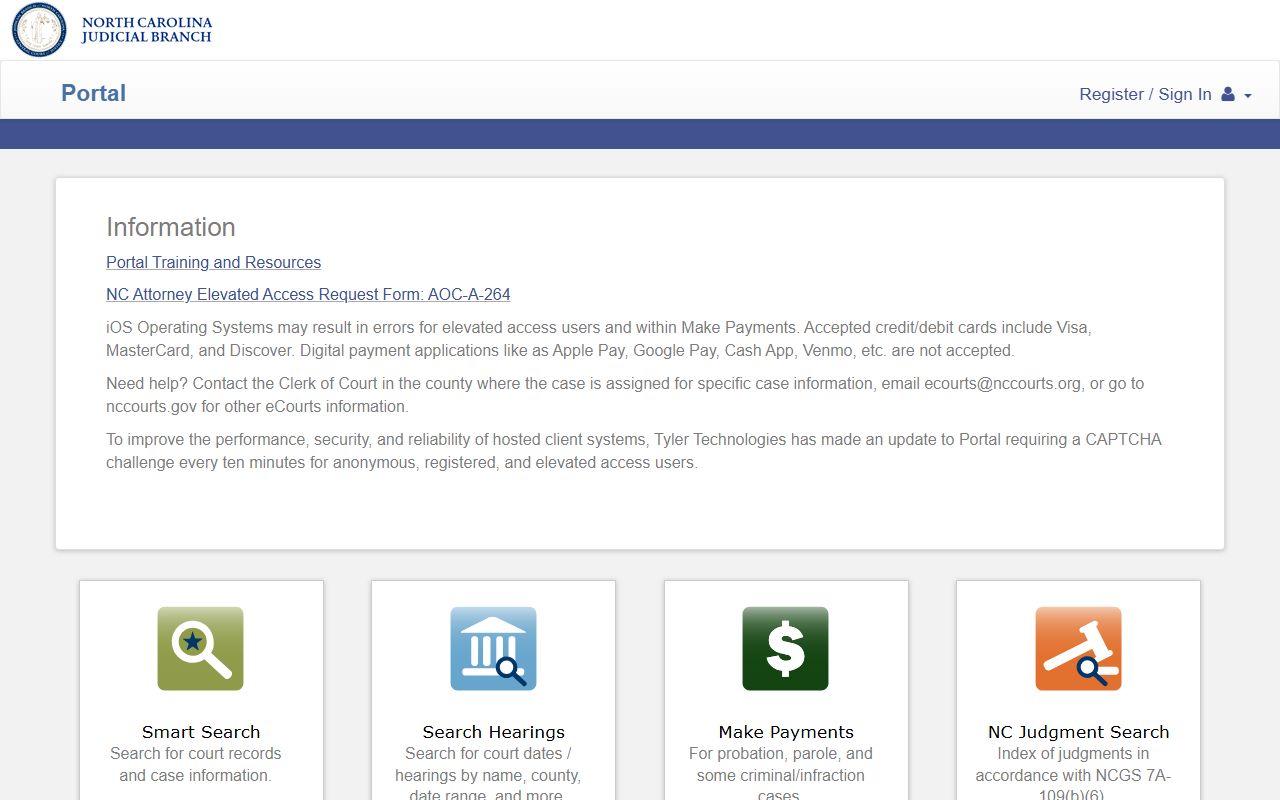 North Carolina eCourts Portal with Smart Search and Search Hearings options