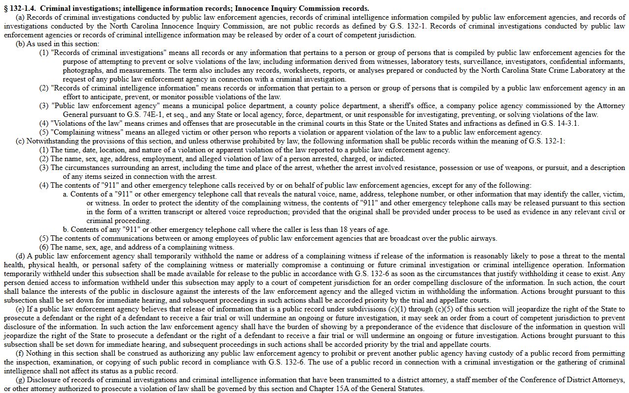 North Carolina G.S. 132-1.4 law enforcement records statute page