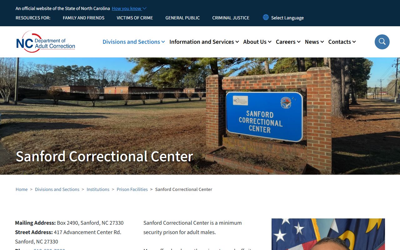 Official NC DAC Sanford Correctional Center page with address, capacity, custody type, programs, and warden information